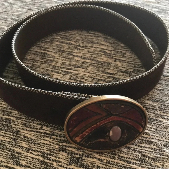 BTS vintage solid brass belt buckle with brushed suede split cowhide belt 38 - Picture 1 of 6